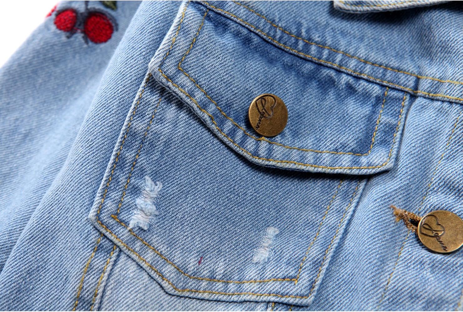 Kids Girls Loose Fit Denim Jacket Flower Embroidery Vintage Light